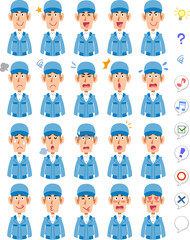 青色の作業着を着た20種類の表情と上半身
