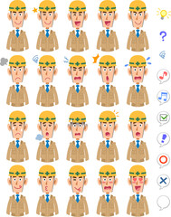 ベージュ色の作業服を着てヘルメットを被った男性の20種類の表情と上半身
