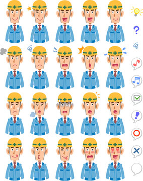 青色の作業服を着てヘルメットを被った男性20種類の表情と上半身
