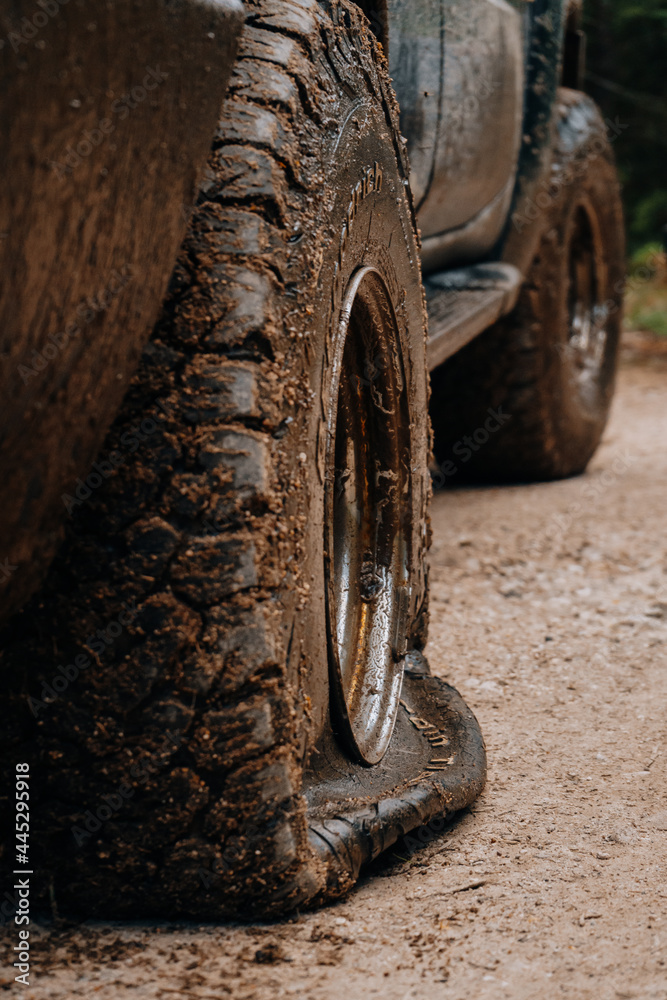 Poster vertical shot of an old dirty car with burst tires parked outdoors with a blurry background