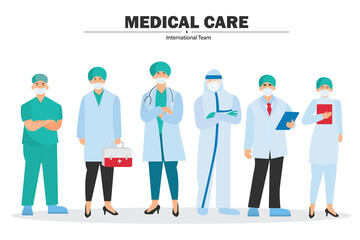 Flat illustration. A team of doctors on each page working as a team to treat people infected with COVID-19. in the hospital for the most effective treatment