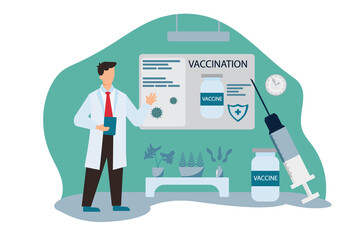 Flat illustration An expert in vaccination against COVID-19 is explaining the properties of each brand of vaccine as an alternative for people in clinics or hospitals.