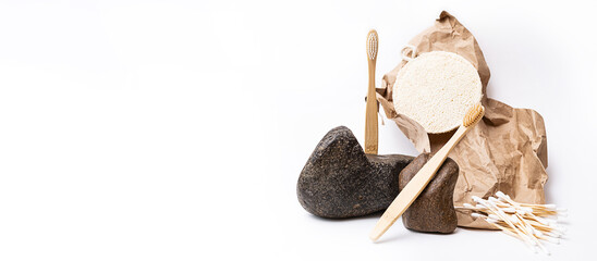 Zero waste bath accessories. Trendy, minimal still life with natural beauty products and stones....