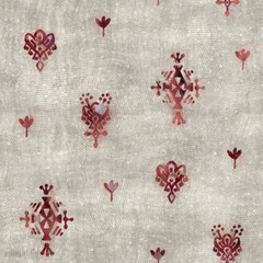 Seamless grungy tribal ethnic rug motif pattern. High quality illustration. Distressed old looking native style design in faded sun burnt red and cream colors. Old artisan textile seamless pattern.