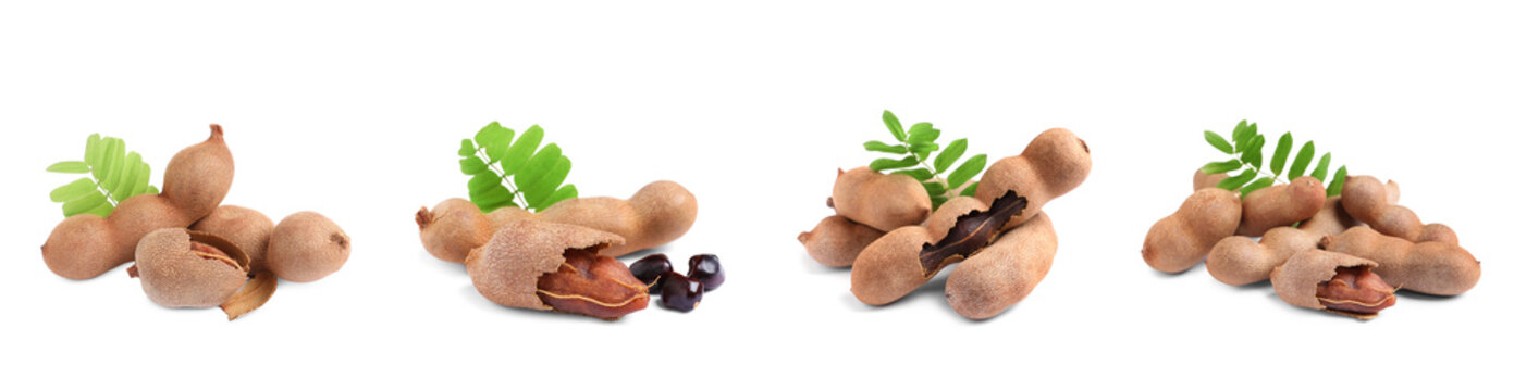Set with delicious ripe tamarinds on white background, banner design. Exotic fruit