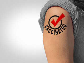 Vaccinated person and immune people due to taking the first dose and second booster medicine as an arm with a vaccination stamp as a vaccine passport symbol