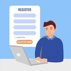 Man submitting online registration form on laptop computer in flat design.