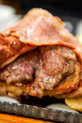 Delicious American barbecue platter, steak, bacon, sausage and fries platter