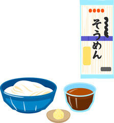 鉢に盛った素麺と袋入りの素麺