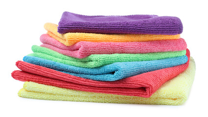Many colorful microfiber cloths on white background