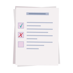 Survey form, paper page or check list. Choose a test, exam, questionnaire or quiz. Question and answer selected and check mark. The result of a survey form, report, schedule, vote. Vector illustration
