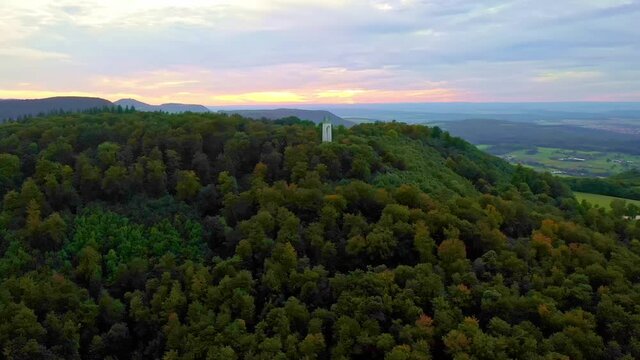 4K aerial natural landscape overlooking at Torre Sch&ouml;nberg Sch&ouml;nbergturm tower in Pfullingen, Germany