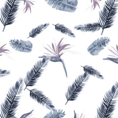 Blue Pattern Leaves. White Tropical Foliage. Indigo Floral Design. Azure Flora Plant. Navy Decoration Design. Gray Wallpaper Leaf. Cobalt Spring Exotic.