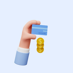 3d illustration of hand holding credit card and coin