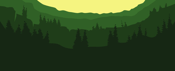 Warm pine forest on hills landscape vector illustration used for desktop background, background, backdrop, banner, typography background, and others.