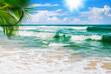 Panele Szklane  Egzotyczna tropikalny raj na wyspie piaszczysta plaża, turkusowa woda morska, fale oceanu, zielone liście palm, słońce, błękitne niebo, białe chmury, piękna przyroda, letnie wakacje, karaibskie wakacje, krajobraz podróży