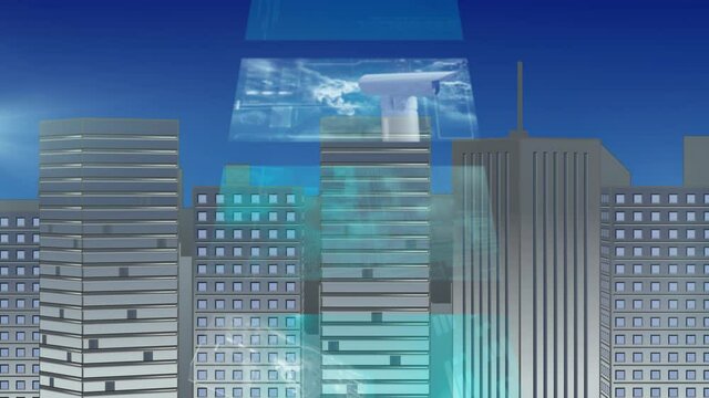 Animation of screens with data processing over cityscape