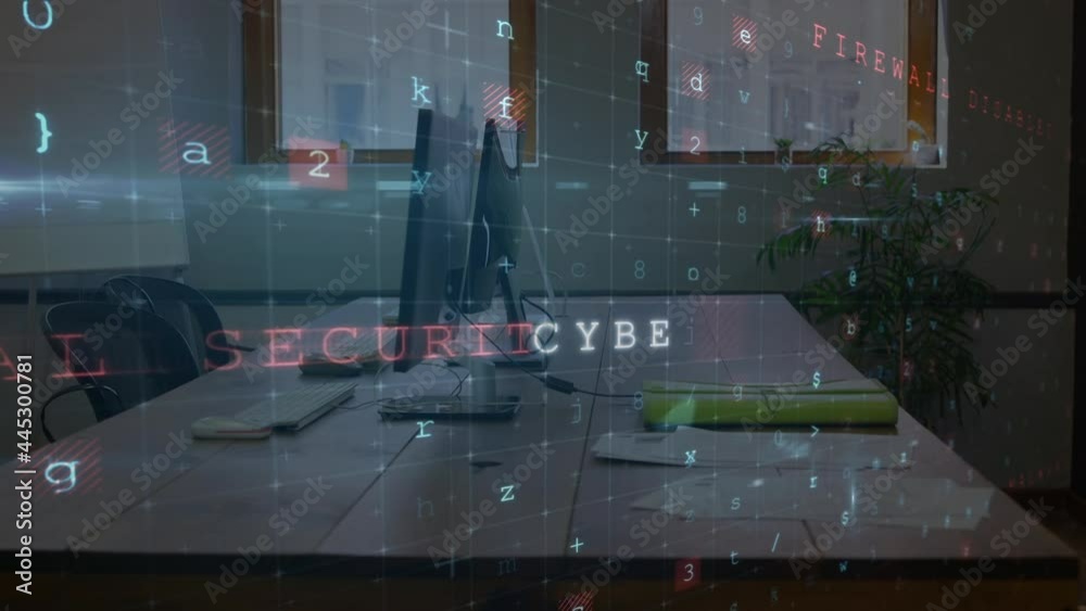 Poster animation of cyber attack warning over computers on desk