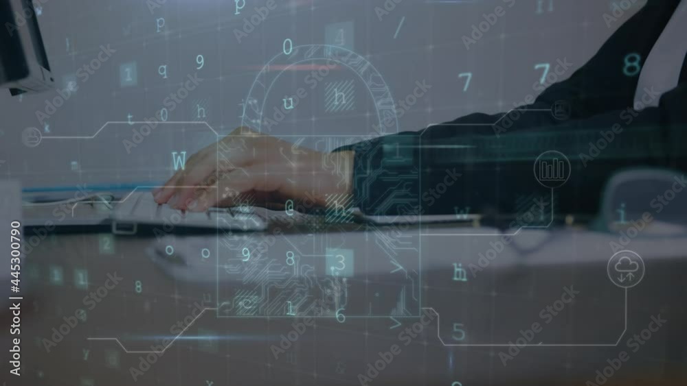 Poster animation of cyber attack warning over man using computer