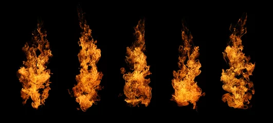 Deurstickers Set of fire and burning flame isolated on dark background for graphic design © Akarawut