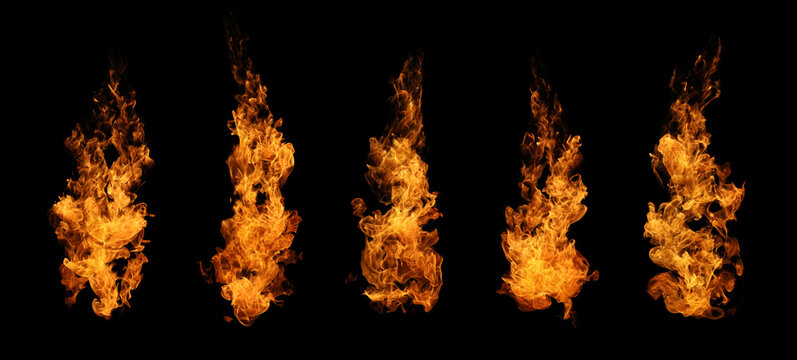 Set of fire and burning flame isolated on dark background for graphic design