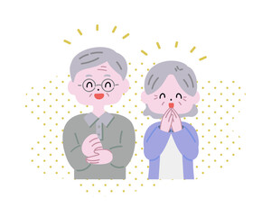 納得して喜ぶ老夫婦　ドット背景