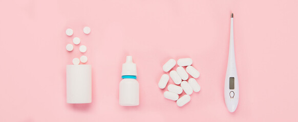 Collection of equipment medicine on pink background. Medical concept.