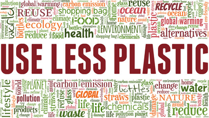 Use Less Plastic vector illustration word cloud isolated on a white background.