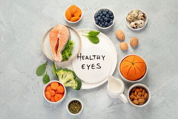 Food for eyes health. Foods that contain vitamins, nutrients, minerals and antioxidants.