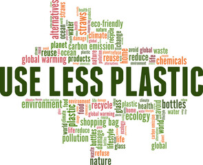 Obraz premium Use Less Plastic vector illustration word cloud isolated on a white background.