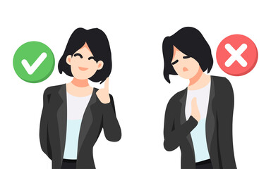illustration of female worker with different poses. check mark icon and wrong mark icon. isolated on a white background. suitable for business themes, presentations, work from home etc. flat vector