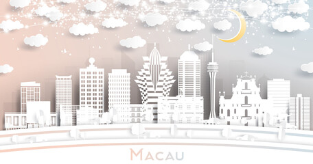 Macau China City Skyline in Paper Cut Style with White Buildings, Moon and Neon Garland.
