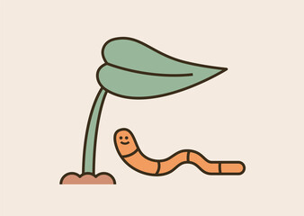 A cute earthworm is crawling under the plant. Cute animal characters. Outline simple vector illustration.