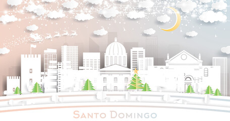 Santo Domingo Dominican Republic City Skyline in Paper Cut Style with Snowflakes, Moon and Neon Garland.