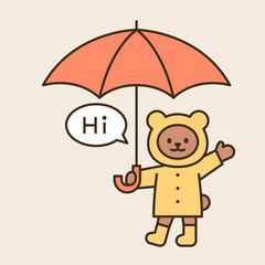 A cute bear in a raincoat is greeting with an umbrella. Cute animal characters. Outline simple vector illustration.