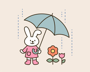 A cute rabbit is putting an umbrella on a flower. Cute animal characters. Outline simple vector illustration.