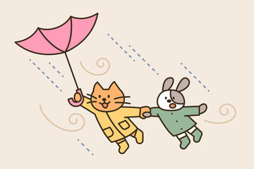 Cute cat and dog holding hands and flying in a typhoon. Cute animal characters. Outline simple vector illustration.