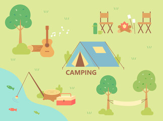 River camping. Camping lives are arranged around the tent. flat design style minimal vector illustration.