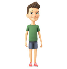 Cheerful cartoon character boy in a green T-shirt stands on a white background. 3d render illustration.