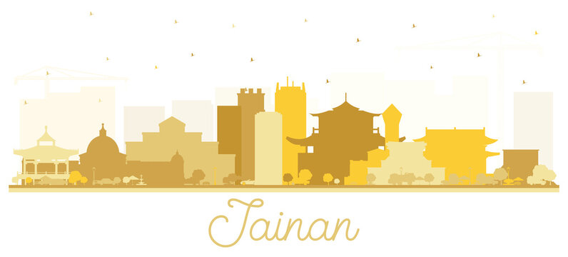Tainan Taiwan City Skyline Silhouette with Golden Buildings Isolated on White.