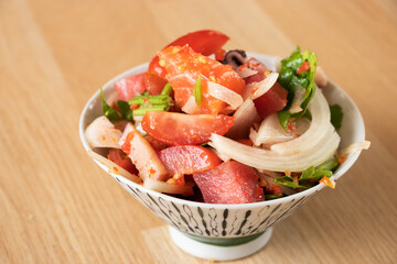 salmon salad japanese style with Sesame Dressing.Fusion food.