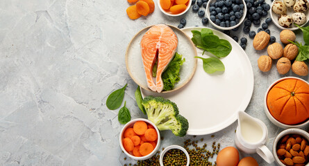 Food for eyes health. Foods that contain vitamins, nutrients, minerals and antioxidants.