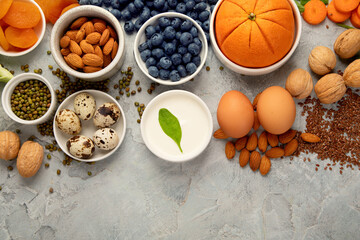Food for eyes health. Foods that contain vitamins, nutrients, minerals and antioxidants.