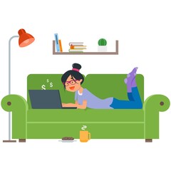 Freelancer with laptop on sofa at home vector illustration