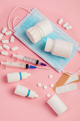 Collection of equipment medicine on pink background. Medical concept.