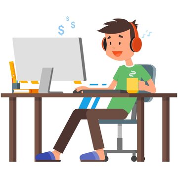 Freelancer with computer at home office vector illustration
