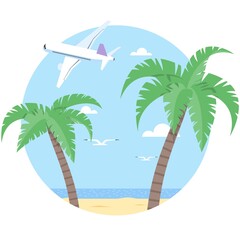 Vector beach with palm and airplane illustration on white