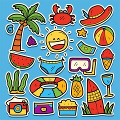 summer cartoon kawaii sticker doodle for logos, patches, icons, wallpapers, symbols and more