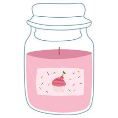 Modern burning pink candle in jar.Trendy home decorative element.
