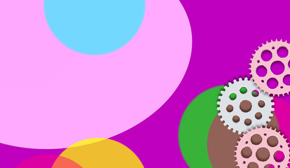 Set of gear wheels relative to the concept of CREATIVE MEETING, team solution, evolution or TEAMWORK. Central space to copy paste a logo or design. Contrast of pink and lilac tones.